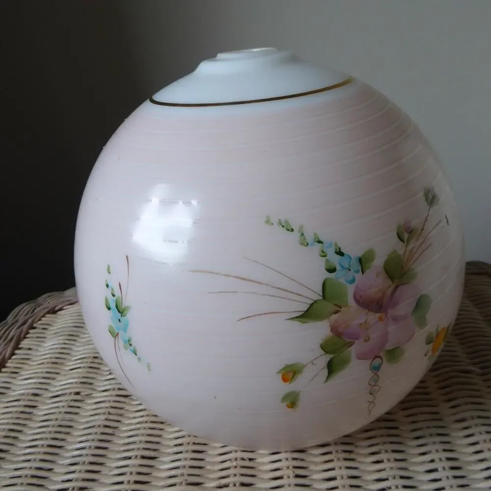 Antique Hand Painted Oil Lamp Globe Ball Lamp Shade 8” Tall 9” Dia 4” Base Rim